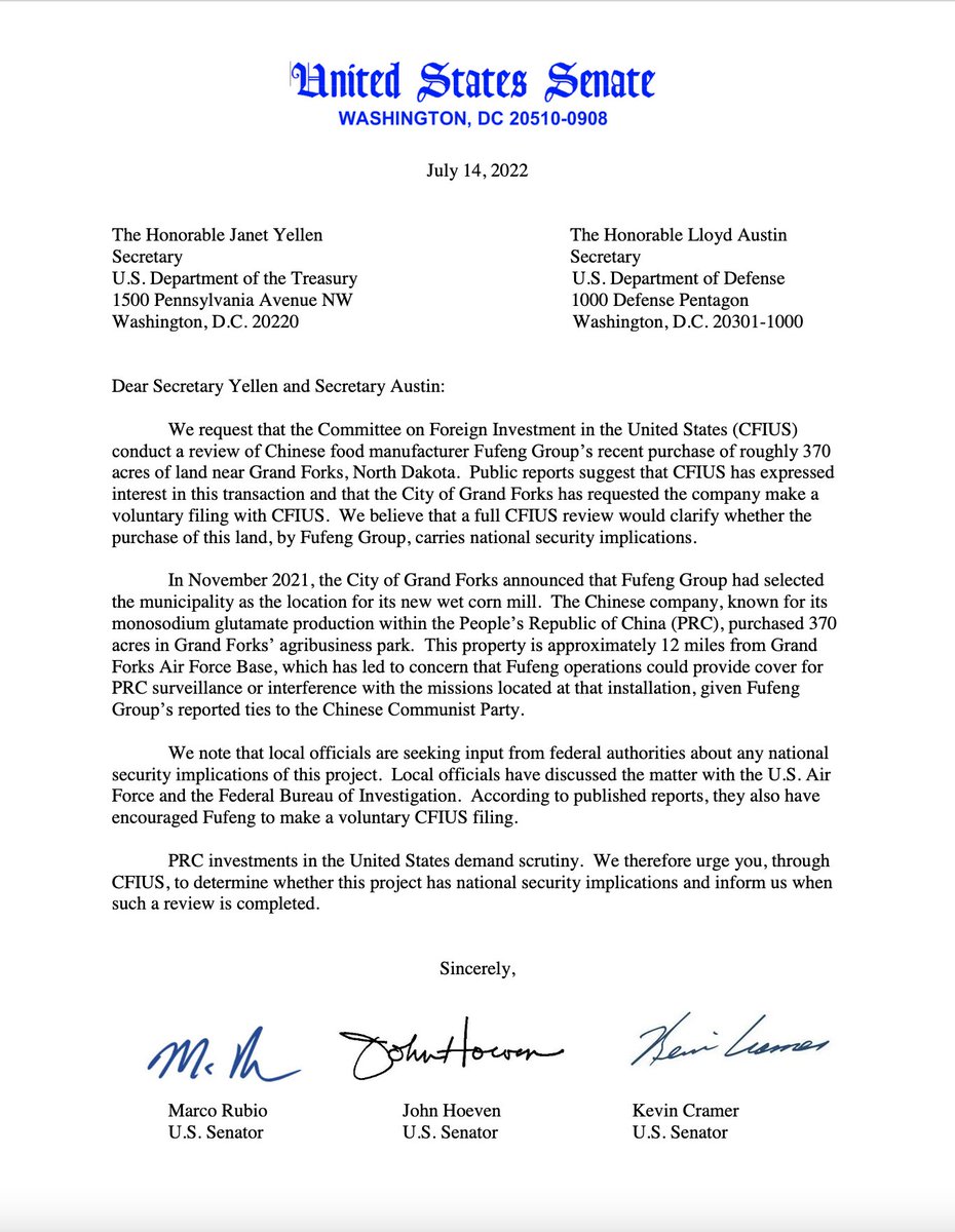 US senators asking @USTreasury Sec Janet Yellin & @DeptofDefense @SecDef Lloyd Austin to take a closer look at the purchase of 370 acres of land in NorthDakota by China's Fufeng Group   Lawmakers note the property is just 12 miles from Grand Forks Air Force Base